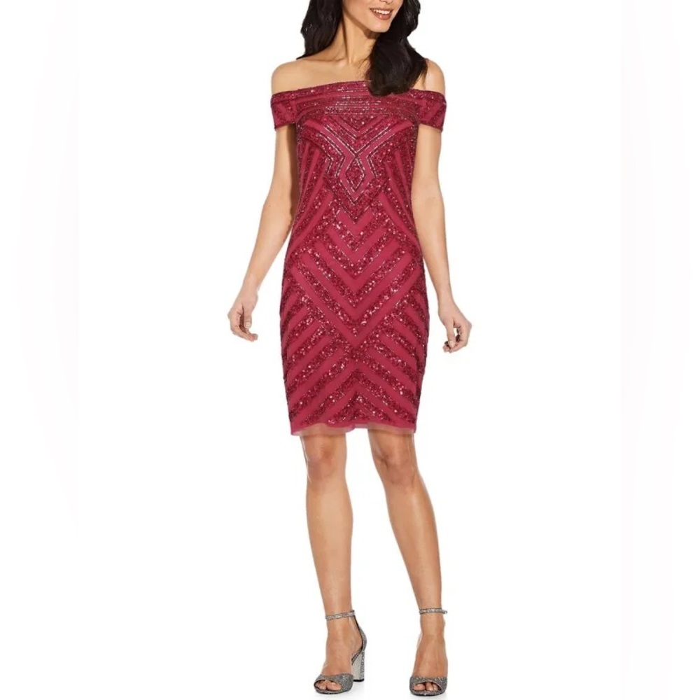 Adrianna Papell red sequin off the shoulder cocktail dress